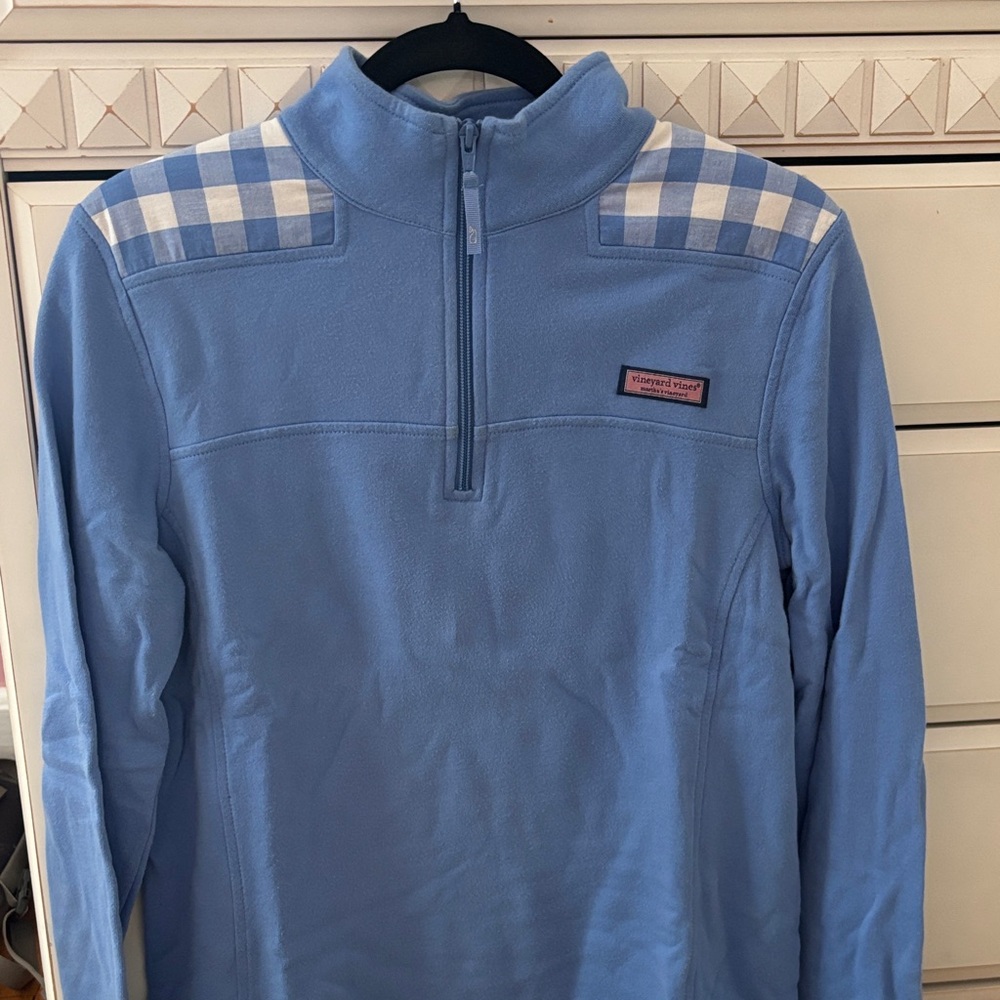 Vineyard Vines Light Blue Half-Zip Fleece with White & Blue Gingham Yoke
